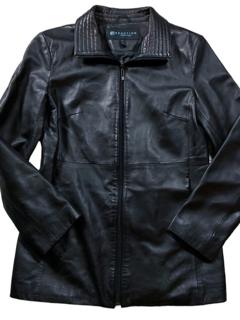 Reaction Kenneth Cole Black Leather Zip-Up Pea Coat